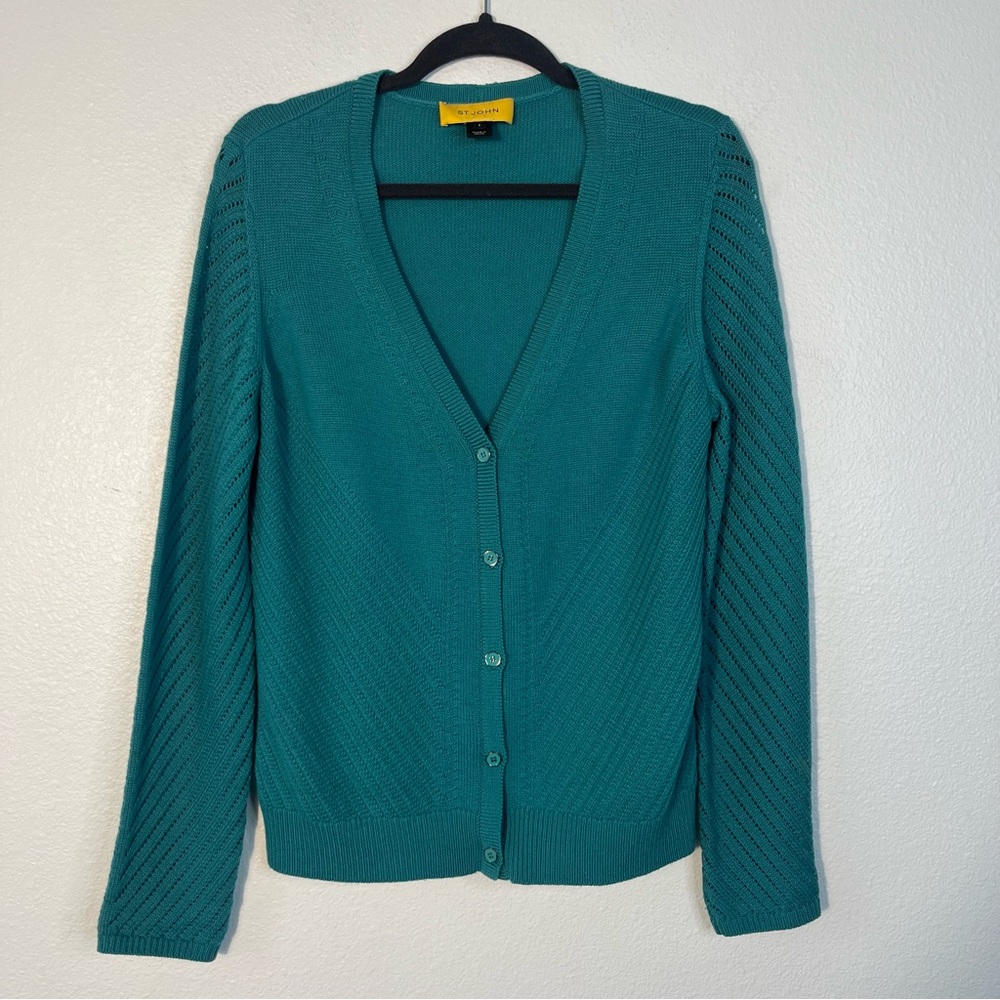 ST JOHN 100% Wool Cardigan V-Neck Teal Sweater Size Small Old Money